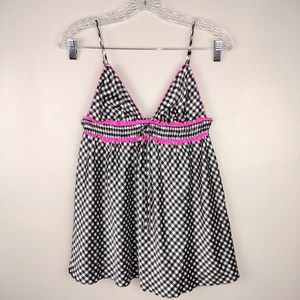NWT Victoria's Secret Black & White Gingham w/ Pink Trim Babydoll Negligee Sz. M - Picture 3 of 12